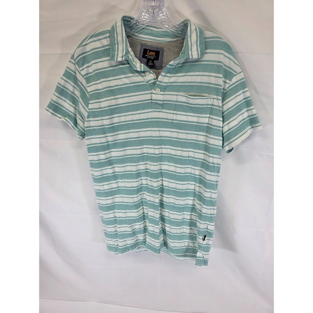 Lee Mens Teal White Striped Short Sleeve Pique Polo Shirt Size M Chest‎ Pocket